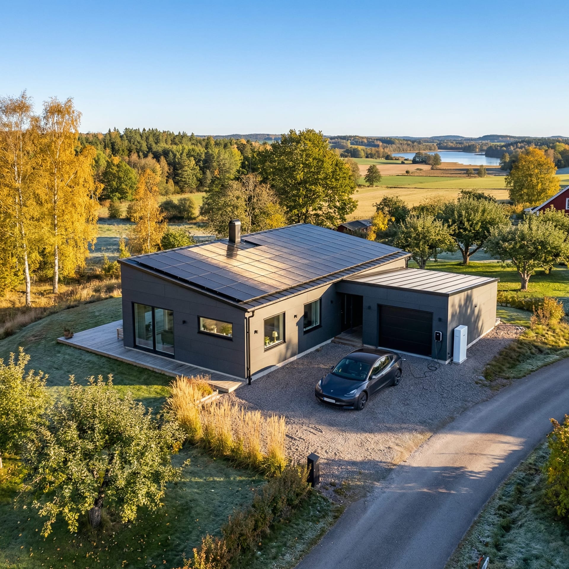 Familj laddar elbil vid hus med solceller och batterilagring